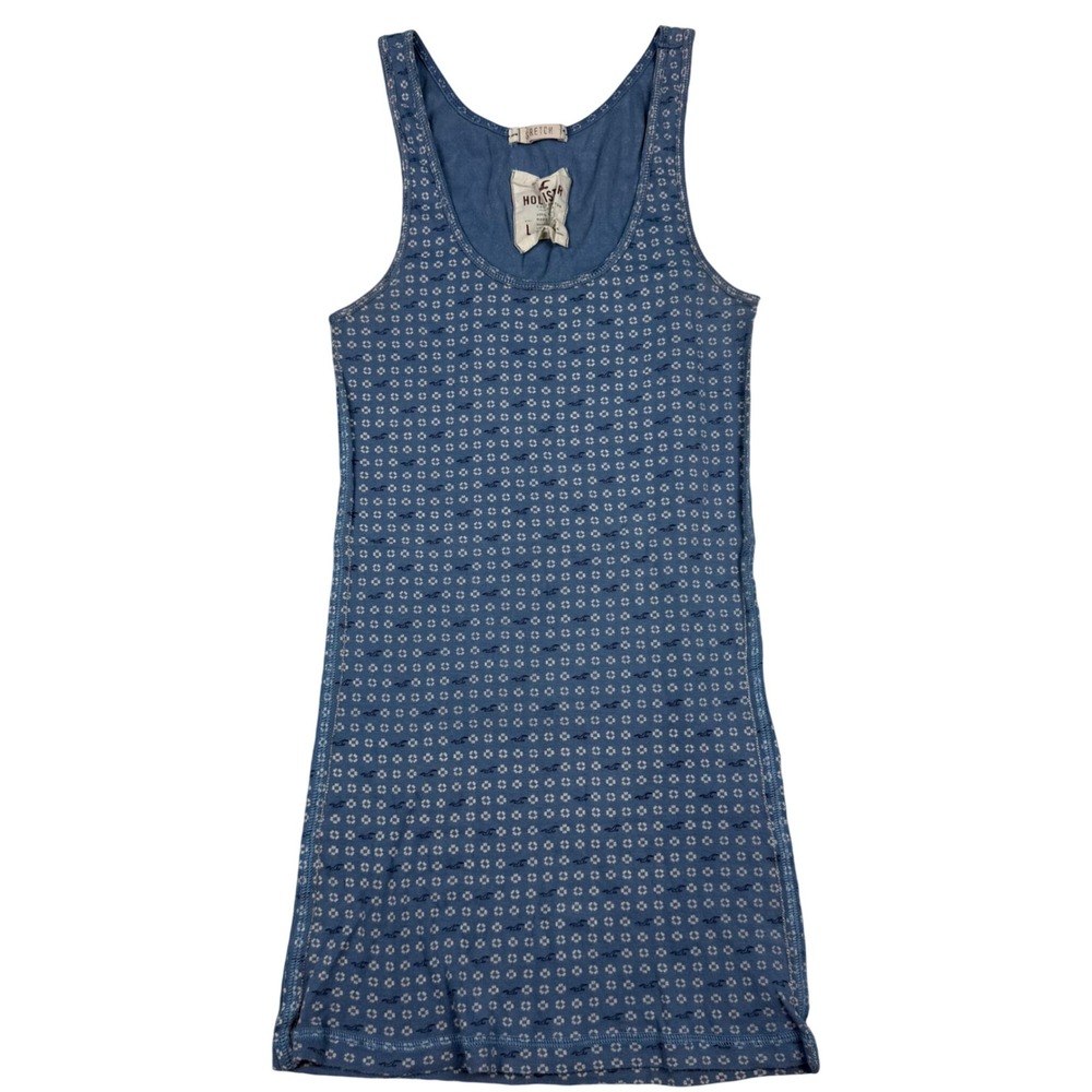 VTG Y2K Hollister Blue Floral Seagull Logo AOP Stretch Fitted Tank Top RARE Sz L